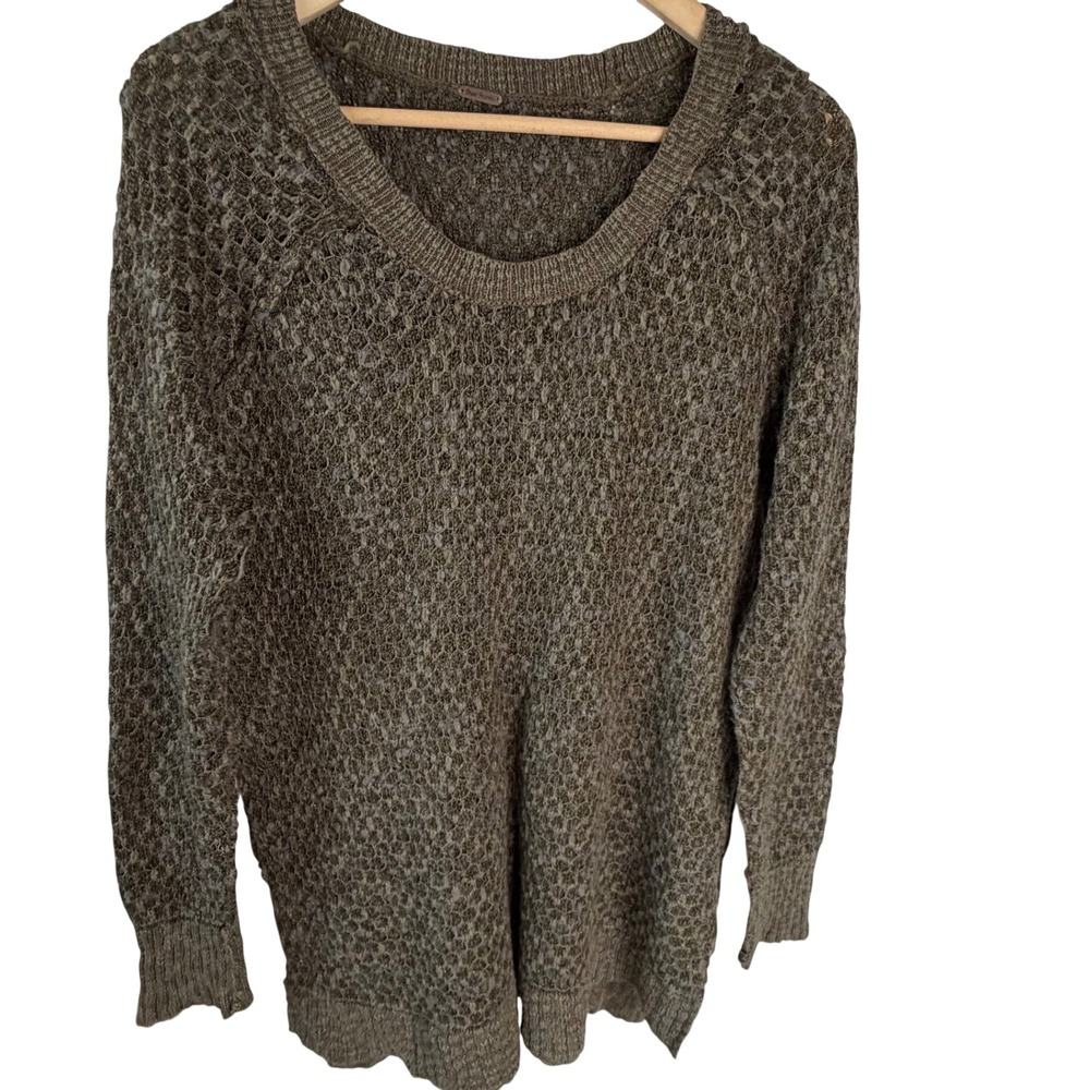 Free People Olive Green Brown Open Knit Wool Blend Scoop Neck Sweater Pullover